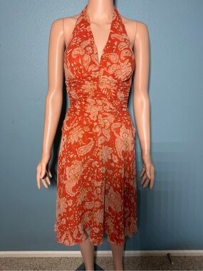 Women's Orange Halter Floral Midi Dress